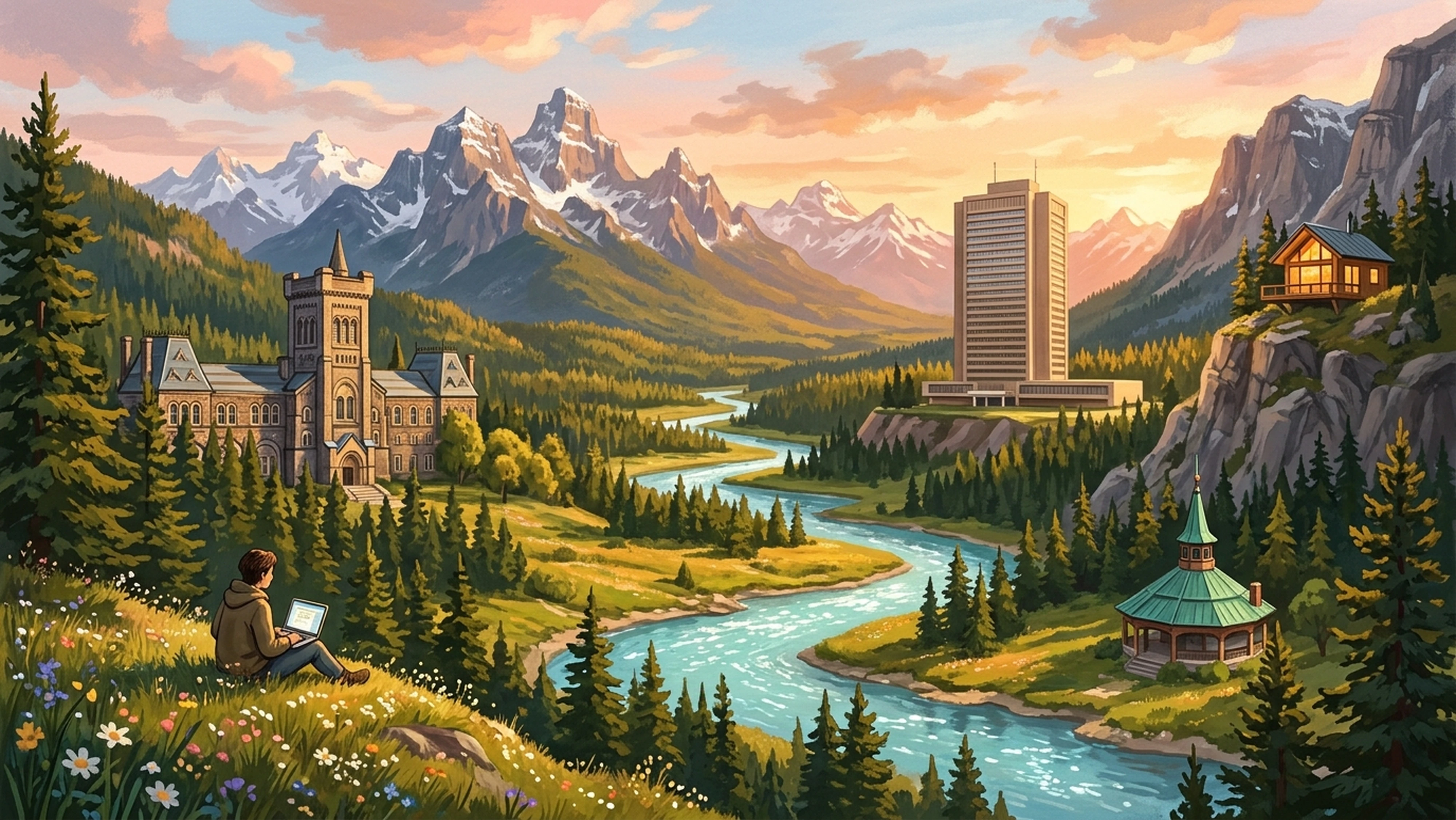 Painted Canadian Rocky Mountains valley at sunset: University of Toronto's Innis College on the left ridge, Statistics Canada's R.H. Coats Building on the right terrace, a copper-roofed civic pavilion by the turquoise river, Peji Systems cabin on the upper cliff, and Peter with a laptop on a wildflower meadow